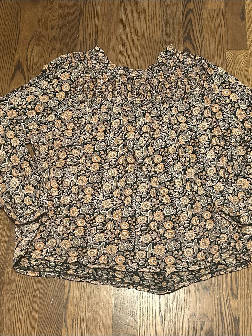 Wonderly Smocked Floral Blouse in Peach and Black Anthropologie style 237